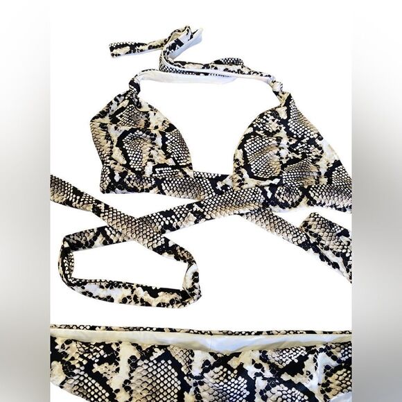 Vitamin A bikini size Med snake print cream black crisscross top - Picture 2 of 5